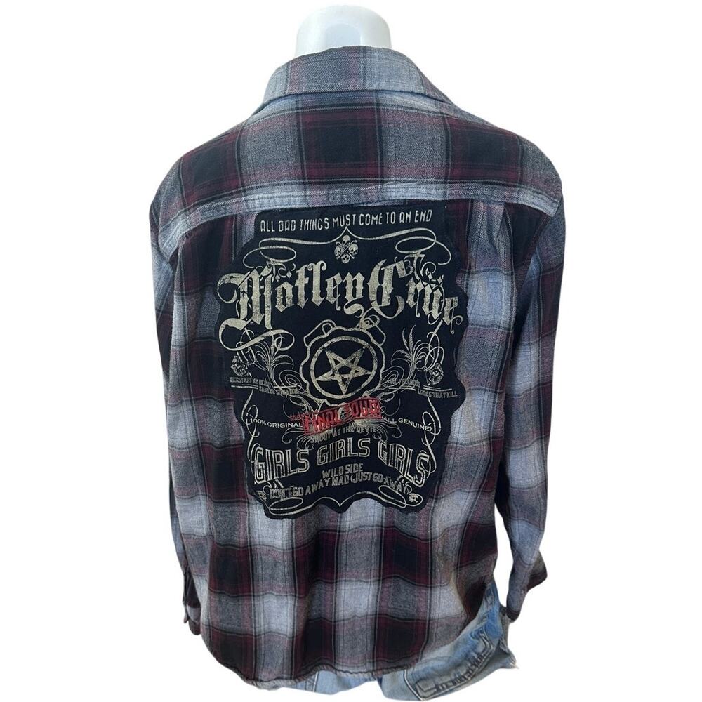 Motley Crue Plaid Flannel Shirt LARGE Oversized Unique 80s Rock Heavy Metal